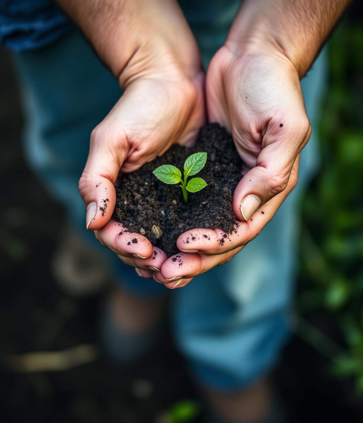 Hands holding fertile soil with a young seedling