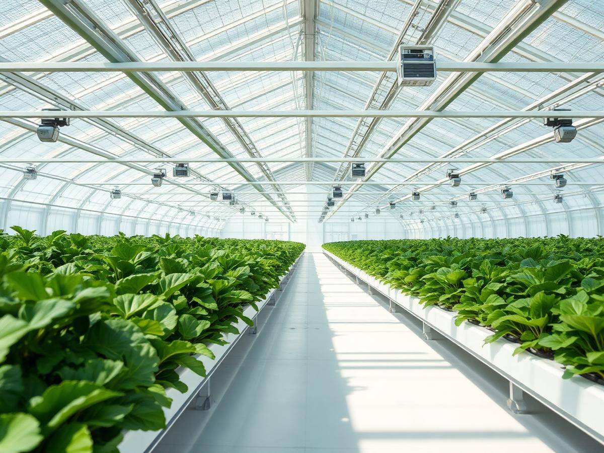 Modern climate-controlled greenhouse with rows of leafy greens