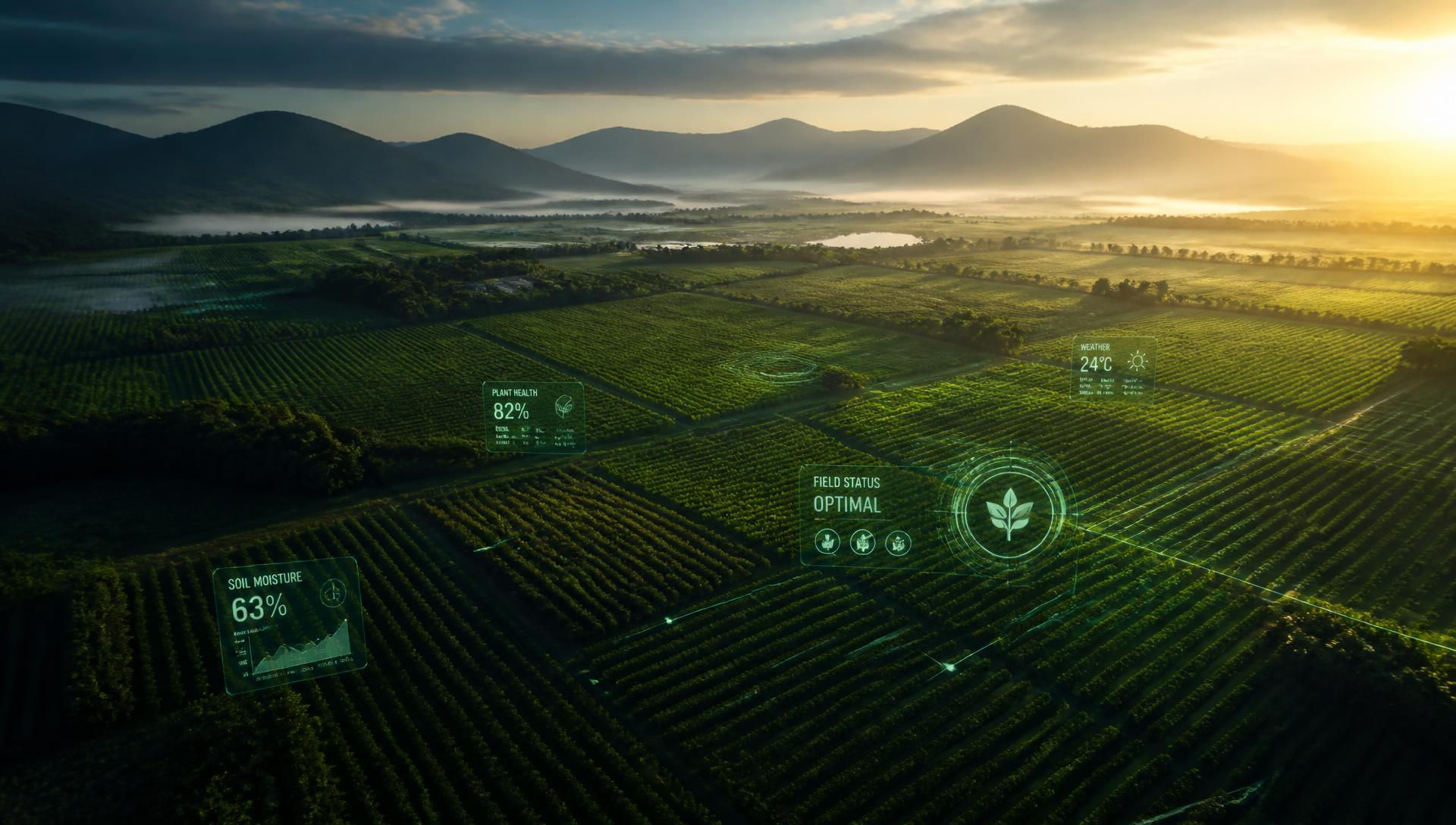 Aerial view of managed farmland at sunrise with digital field overlays
